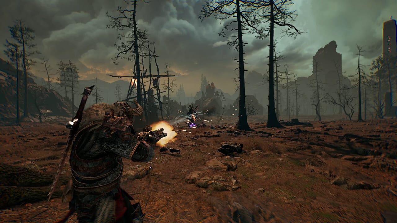 Horned Guardian firing a shotgun across a burnt forest in Guardians of the Wall