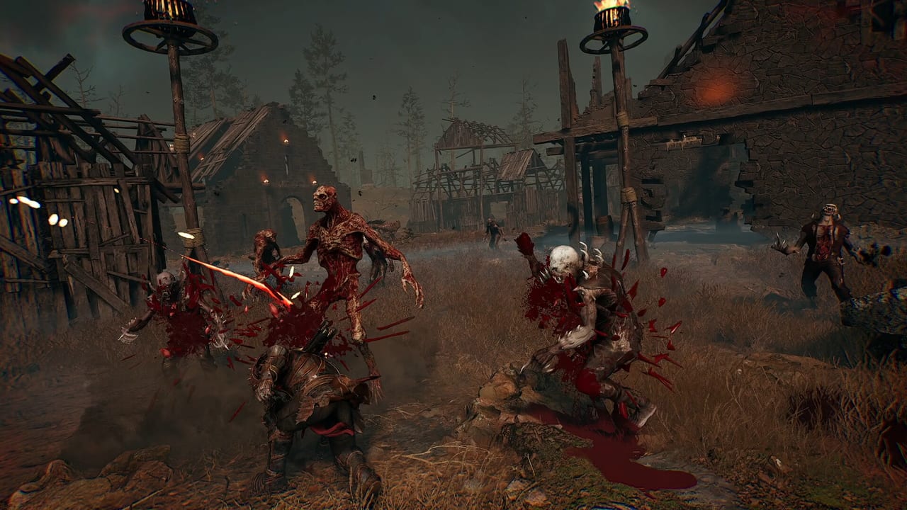 Melee Guardian cutting through undead in a torch-lit ruined village